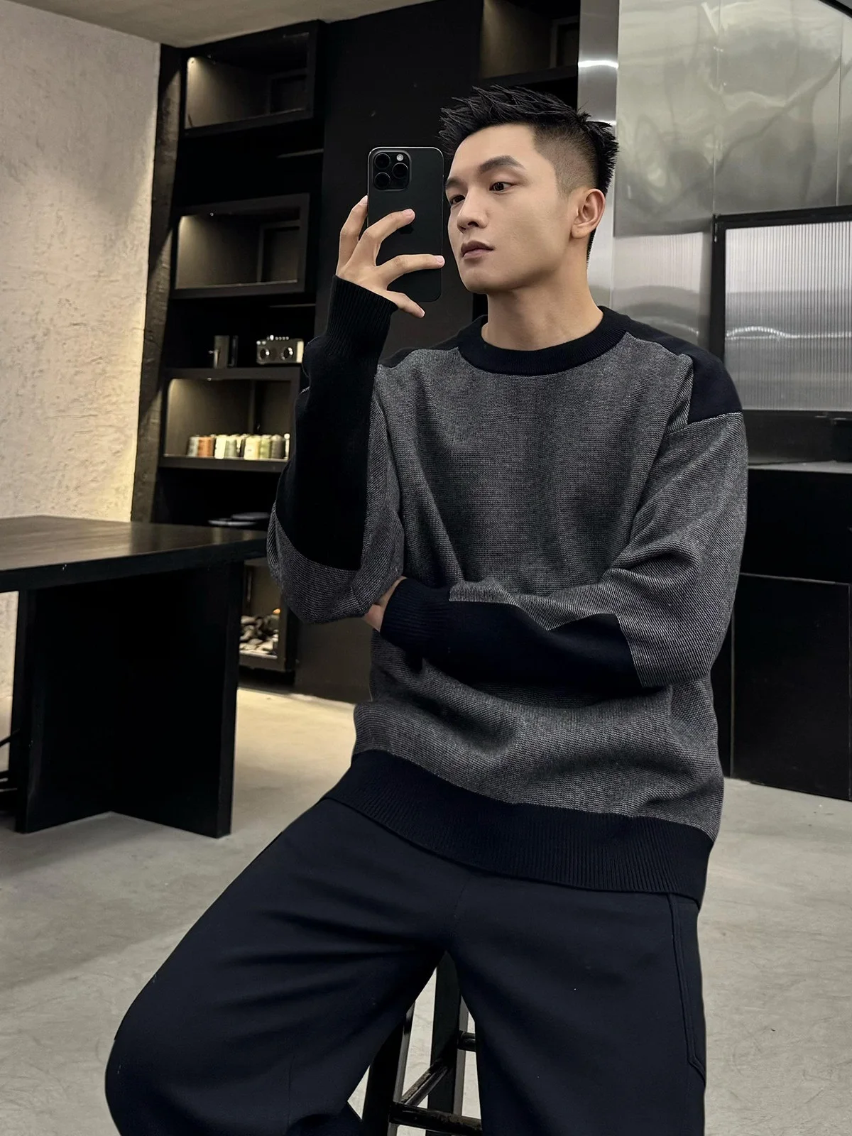 

American Retro Thiened Warm Knitted Sweater Men's Loose Fit Color Blo High Warmth Long Sve round Ne Pullover Sweatirt