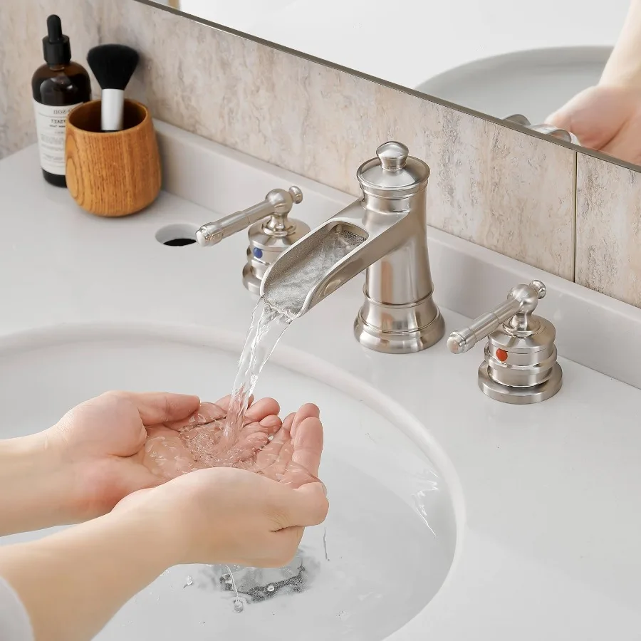 

Bathroom Faucets for Sink 3 Hole Brushed Nickel 8 inch Widespread Bathroom Sink Faucet with Pop Up Drain Double Lever Handle Fa