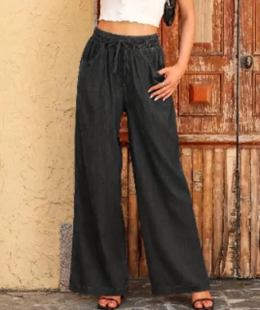 Pantalon d'été ample pour femmes, nouvelle couleur unie, Imitation Denim, taille haute, à lacets, décontracté, jambes larges, adapté aux déplacements quotidiens