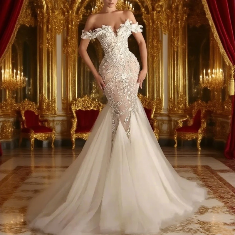 

Romantic Appliques Wedding Dresses Lace Mermaid Bridal Gowns Off the Shoulder Princess Sweep Train Bride Dress Customized
