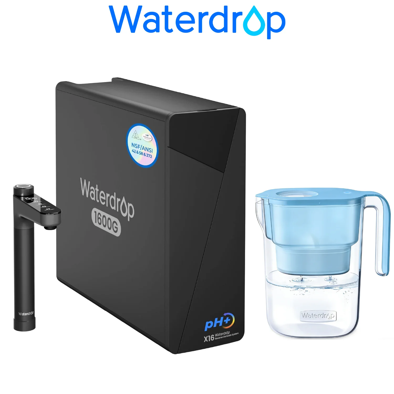 Sistema de ósmosis inversa sin tanque alcalina Waterdrop X16, incluida jarra con filtro de agua Waterdrop con 1 filtro