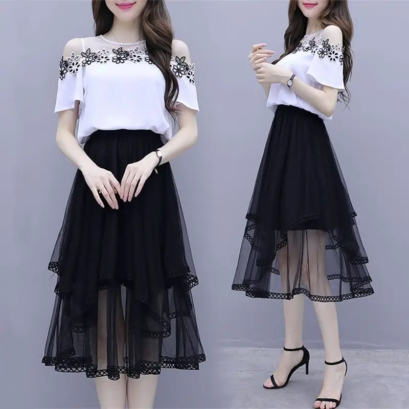

Women's Two Skirt Piece Short Sleeve Summer Fashion 2025 Cheap Clothing Offers Korea Formal Full Set Off-shoulder Female Outfits