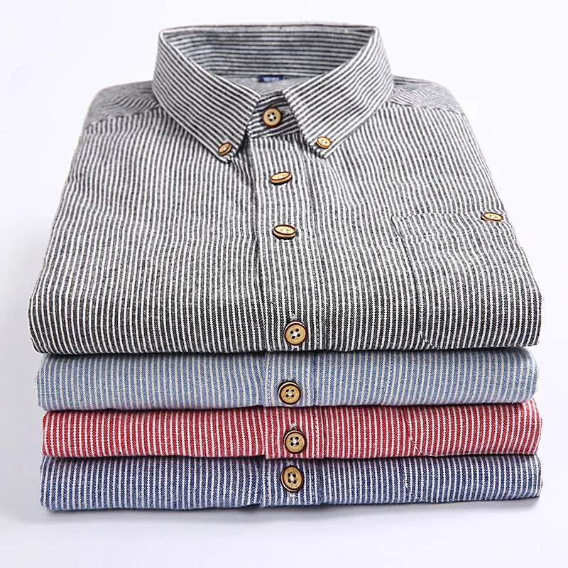 100 Cotton Long Sleeve Shirt for Men Oxford Single Pocket Pure Color Plaid Striped Shirts Casual Men Shirt Long Sleeve Slim Fit