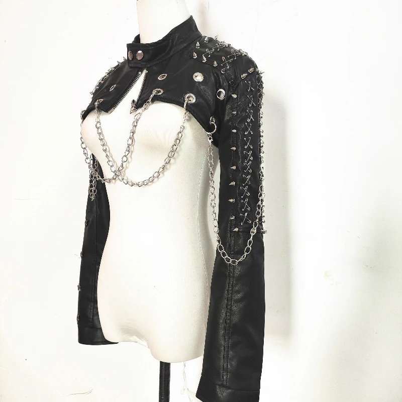 European American Gothic Punk Hot Girl Rivet Chain Women's Jacket New Stand-Up Neck Long Sleeve Short PU Leather Coat Ladies