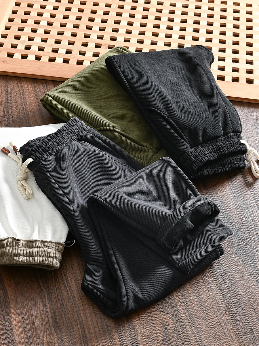 Heavyweight Wood Cotton Fleece Thickened Orlon Fleece Windproof Warm Winter Men's Casual Pants Straight Leg Elastic Waist