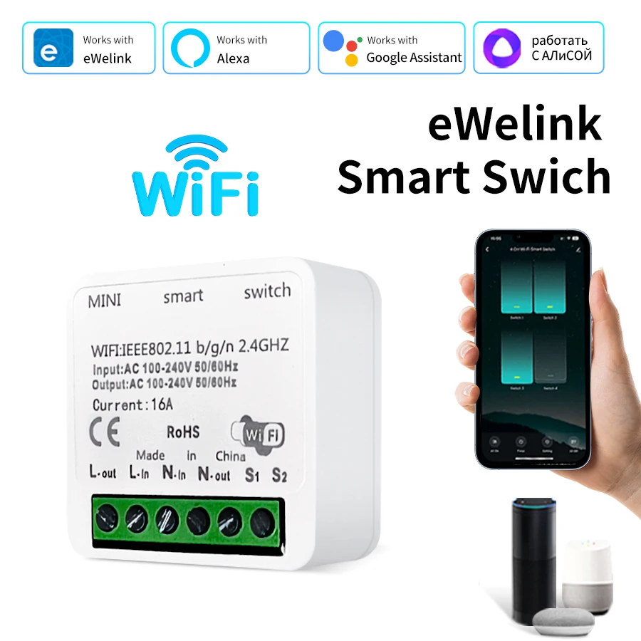 WiFi Smart Switch DIY Module 2 Way Control EWelink App Interrupte 100-240V 16A Intelligent Switch Works with Alexa Google Home