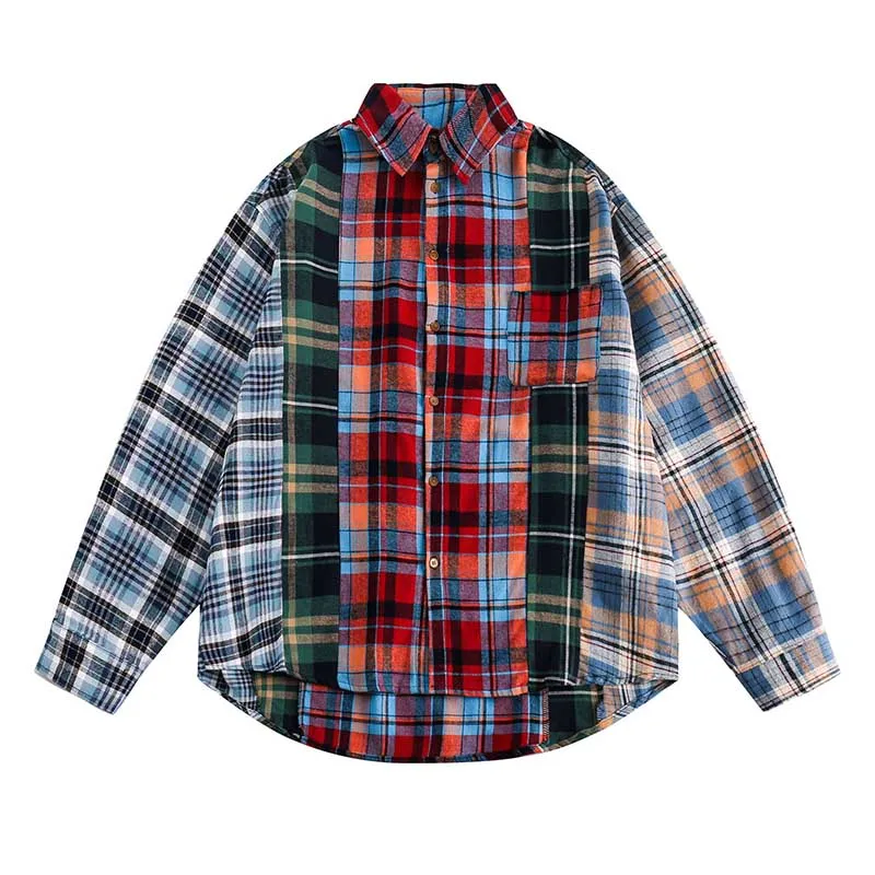 

Oversized Vintage Striped Casual Shirts Harakuju Spring Long Sleeves Streetwear Button Up Blouse For Male Patchwork