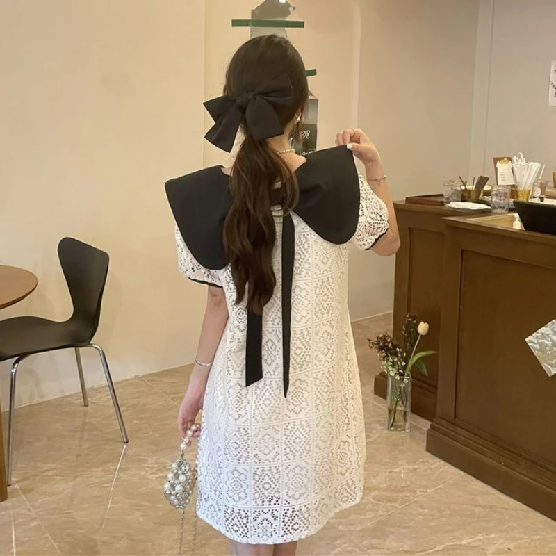 Bow Hollow Out Skirt Women Fashion Straight Summer Dress  Doll Collar Lace Cut-out Short Sleeve New French Style Gentle Dresses