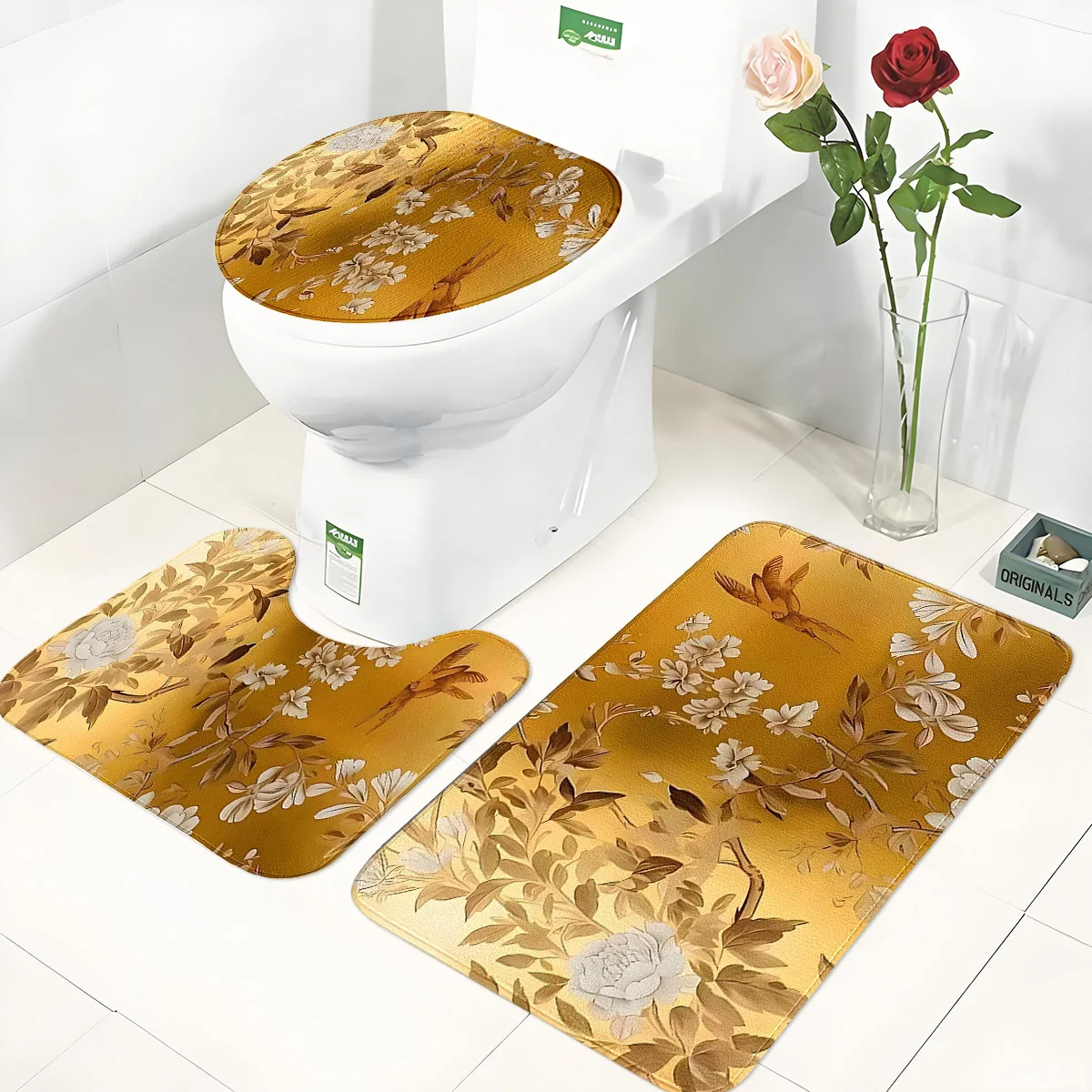 

Gilded Flower and Bird Bathroom Three-Piece Set: Flannel Toilet Mat + Floor Mat + U-Shaped Foot Mat, Non-Slip, Water-Absorbent, Washable, Light Luxury, Chinese Style Bathroom Decoration Set