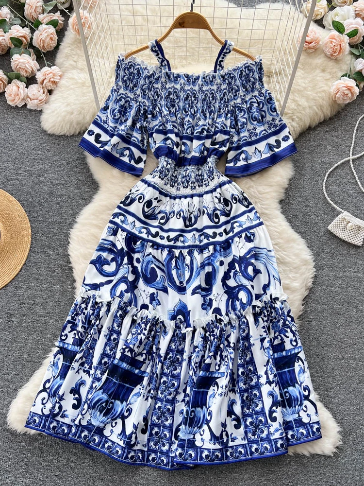 

Women Blue Fashion Sexy Party Vacation Print Beach Dress Summer One Shoulder High Waist Slim A-line Pleat Dresses Vestidos