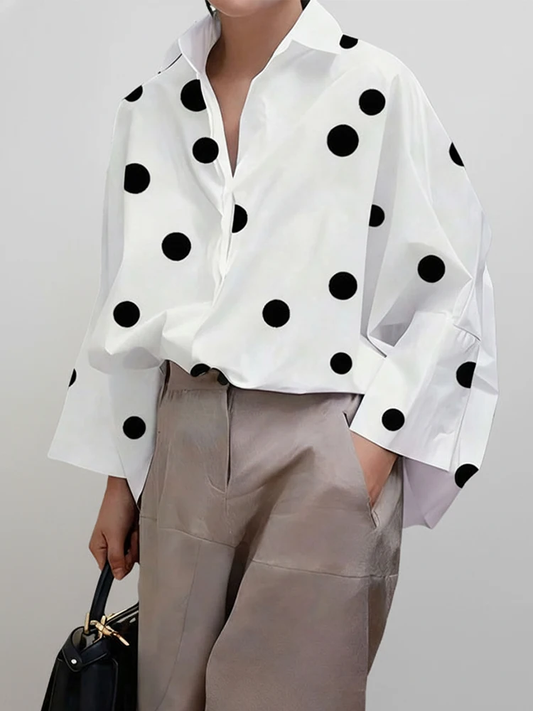 

UOOZEE Women's Oversized Polka Dot White Shirts 2026 New Spring Long Sleeves Urban Casual Fashion Ladies Commute Lapel Blouses