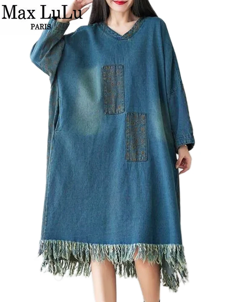 Max LuLu 2024 Spring Womens Loose Leisure V-Neck Dresses Ladies Tassel Design Long Vestidos Vintage Oversized Denim Streetwear