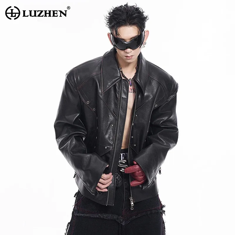 LUZHEN Riveted Shoulder Pads Faux Leather Jacket Autumn Thick Liner Cotton Motorcycle Wear Trendy High Quality Male Tops LZ8065