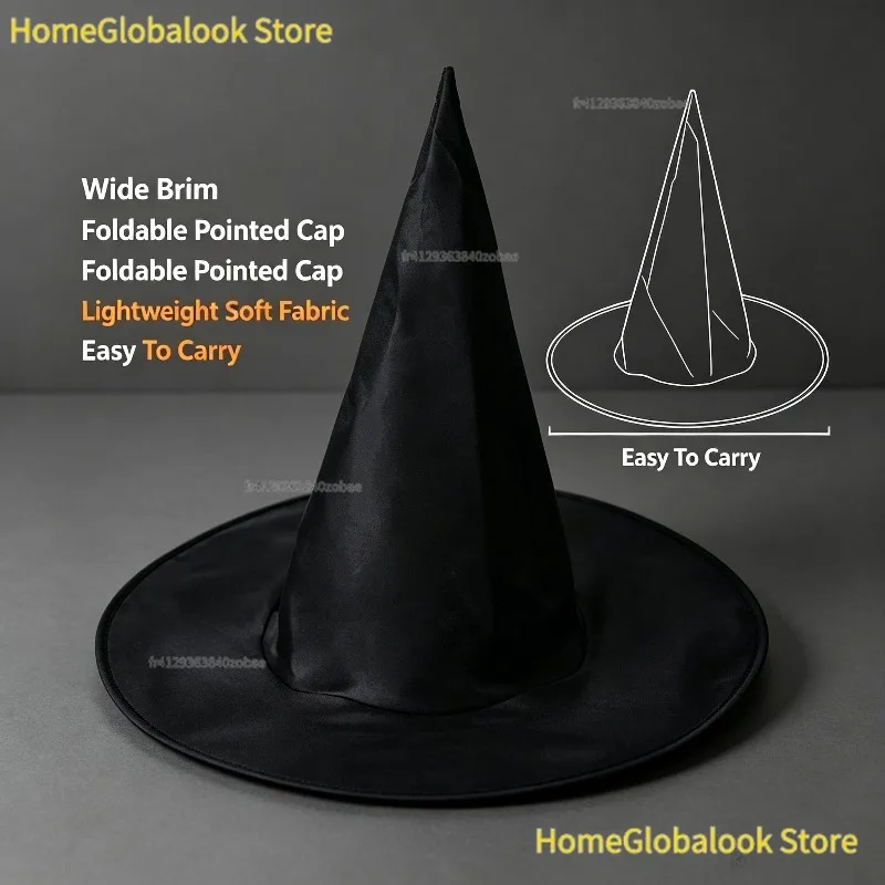 2026 Halloween-Hexenhut mit breiter Krempe, faltbar, spitz zulaufend, mit schwarzem Spinnen- und Totenkopfmuster, Hexen-Haarband, leicht, für Kostüme, Fotoshootings, Cosplay, als Accessoire für Damen,