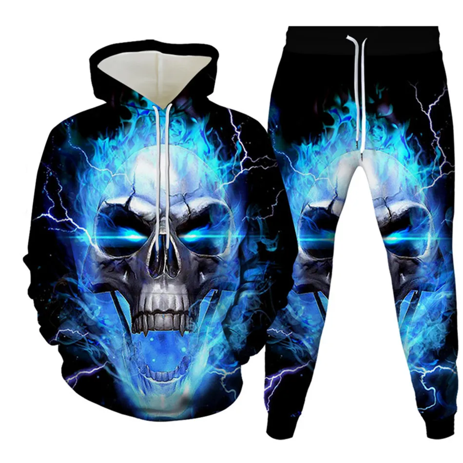 Men's Tracksuit Sets Hip Hop Punk Skull Fire 3D Printed Hoodies Jogging Pants Suit High Quality Women Streetwear Plus Size S-6XL