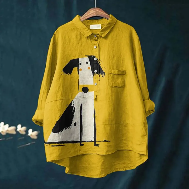 Vintage Cute Dog Scrawled Puppy Art Print Casual And Linen Shirt 3D Printed Casual Lapel Blouse