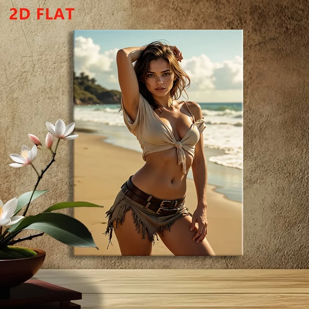 

Vintage tin sign, 2D beach woman wall art - elegant summer scene portrait, vertical wall decor for home, bedroom, office. Ideal