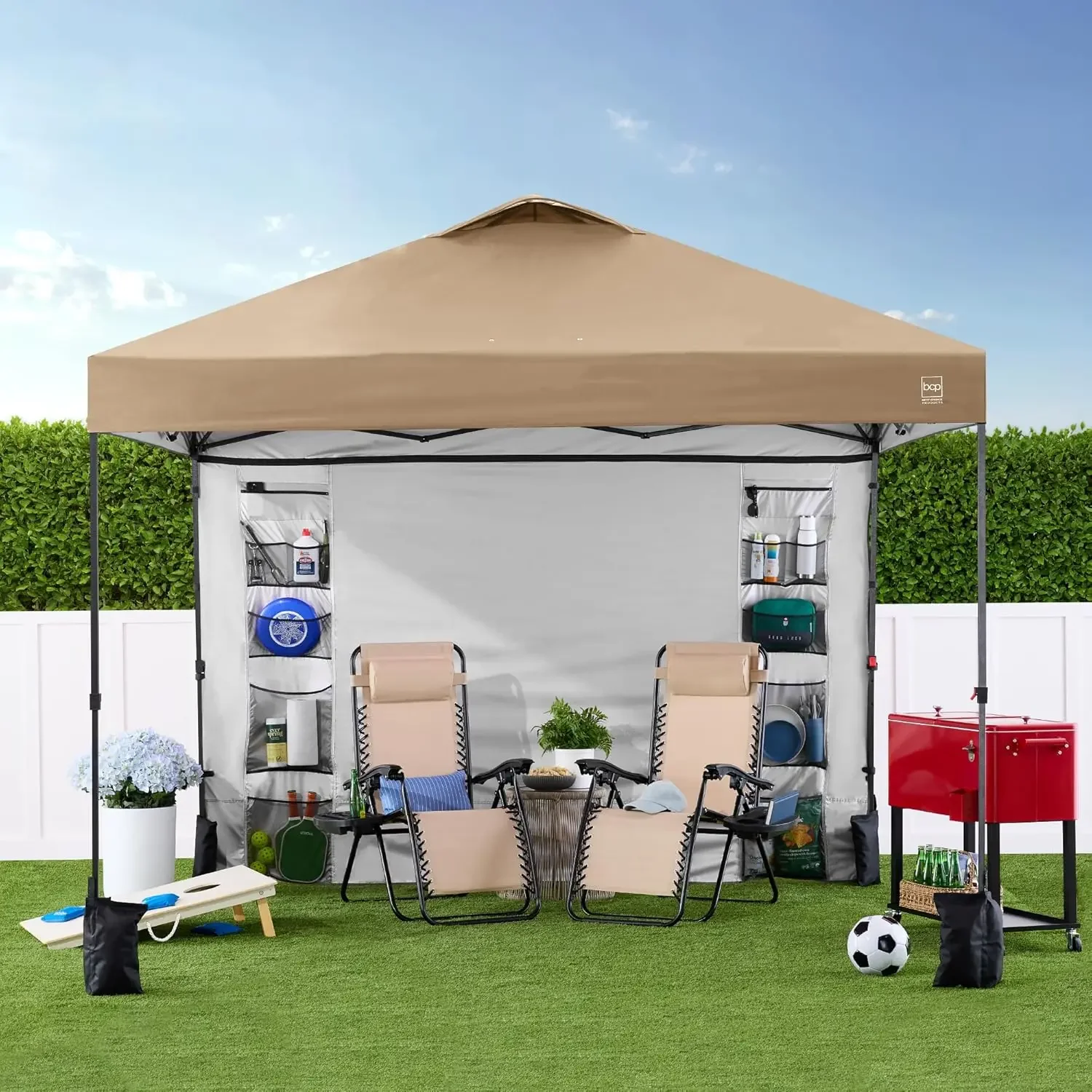 

1110x10ft Easy Pop Up Canopy w/Side Wall, 10 Pockets, Portable Carrying Case, 1-Button Setup, 4 Weight Bags - Tan