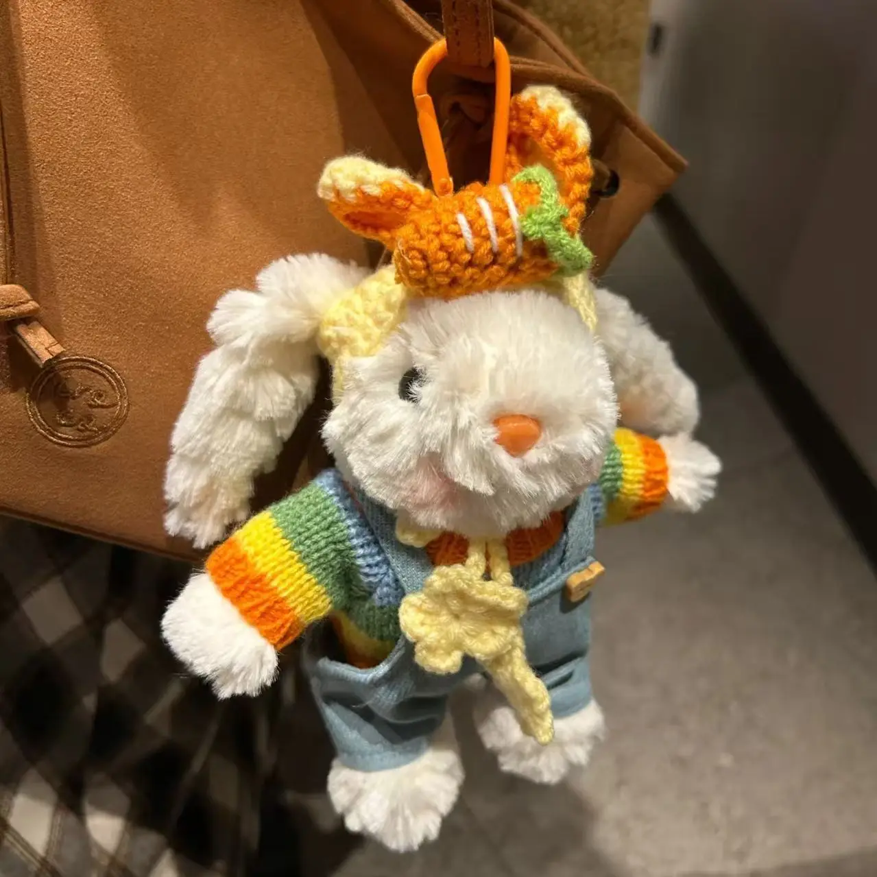 Cute Plush Bunny Keychain with Carrot Hat, Rainbow Sweater and Denim Overalls, Rabbit Bag Charm for Handbags and Backpacks