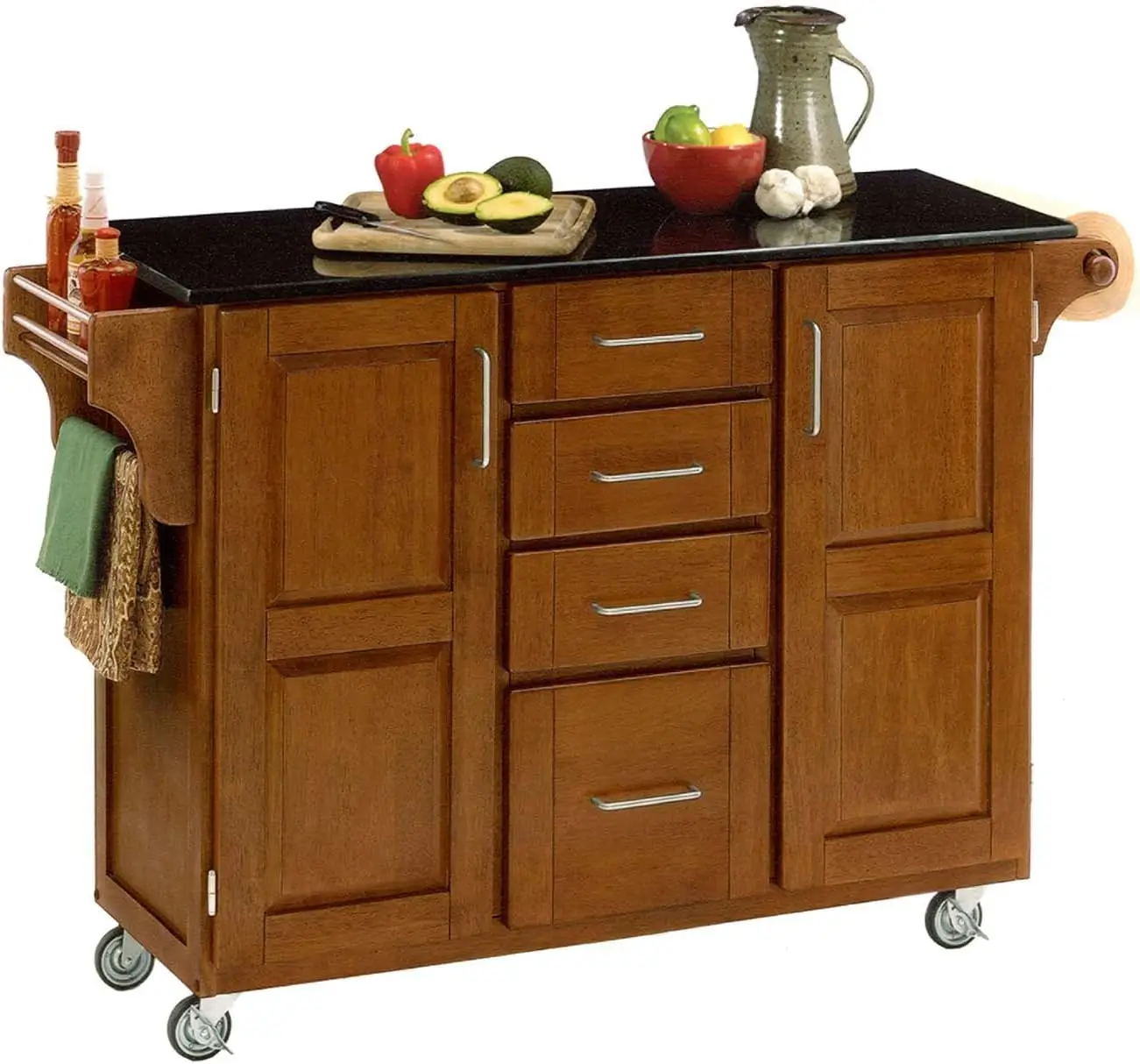 

Create-a-Cart Cottage Oak Kitchen Cart with Black Granite Top, with Solid Wood Construction, Adjustable Shelves, Towel Bar