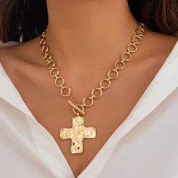 KunJoe Gothic Punk Large Cross Pendant Necklace for Women Exaggerated Gold Color Metal Chain OT Buckle Choker Halloween Jewelry