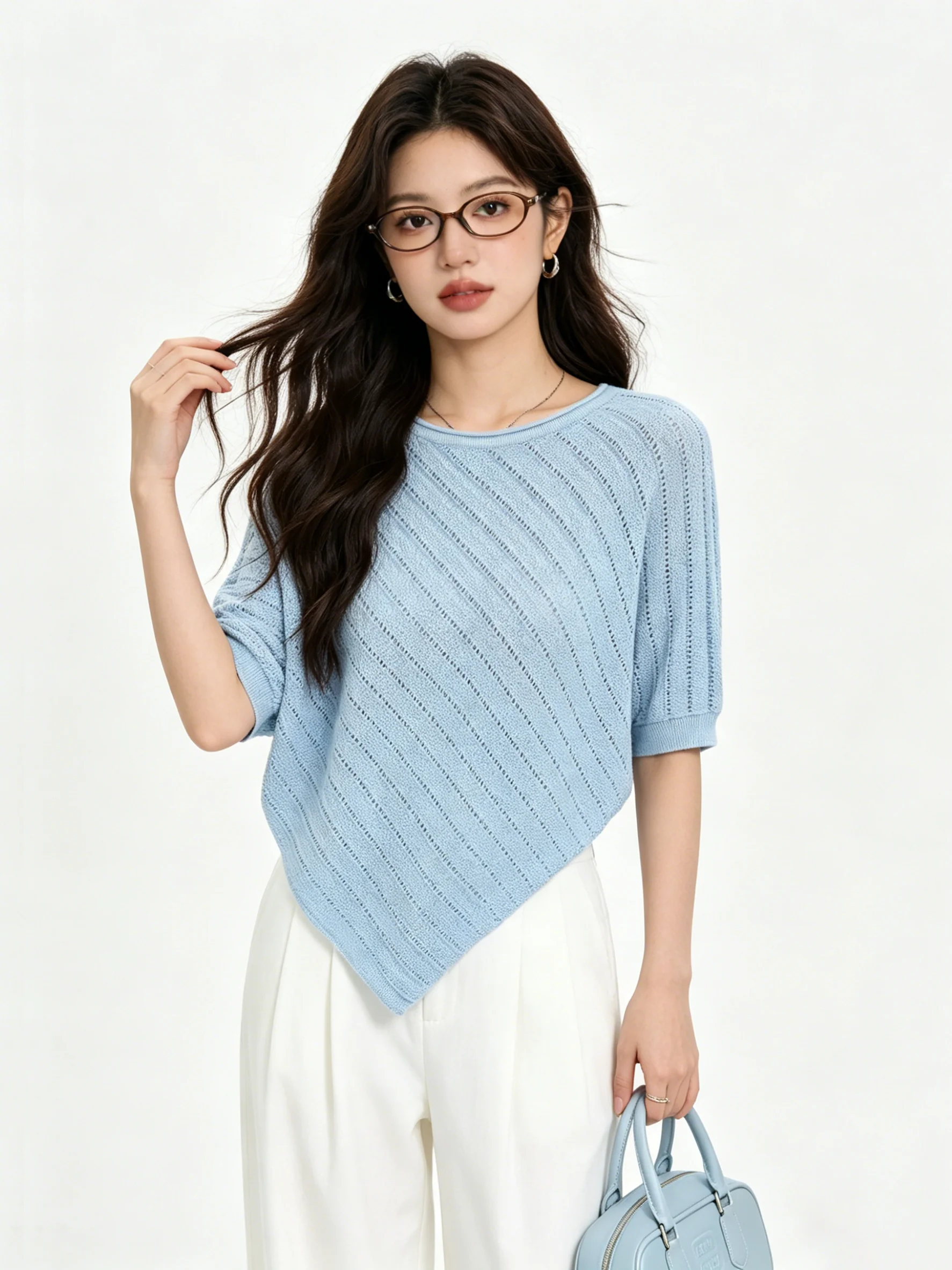 

Women's Soft Knitted Batwing Sleeve Pullover Summer Loose round Neck Blue Short Sleeve Slimming Breathable Top Spring Summer