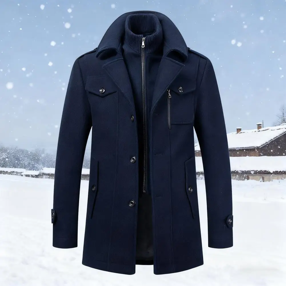 Men Woolen Coat Anti-wrinkle Wool Coat Men's Woolen Coat Mid-length Business Outerwear Stand Collar Lapel Jacket Long Sleeve