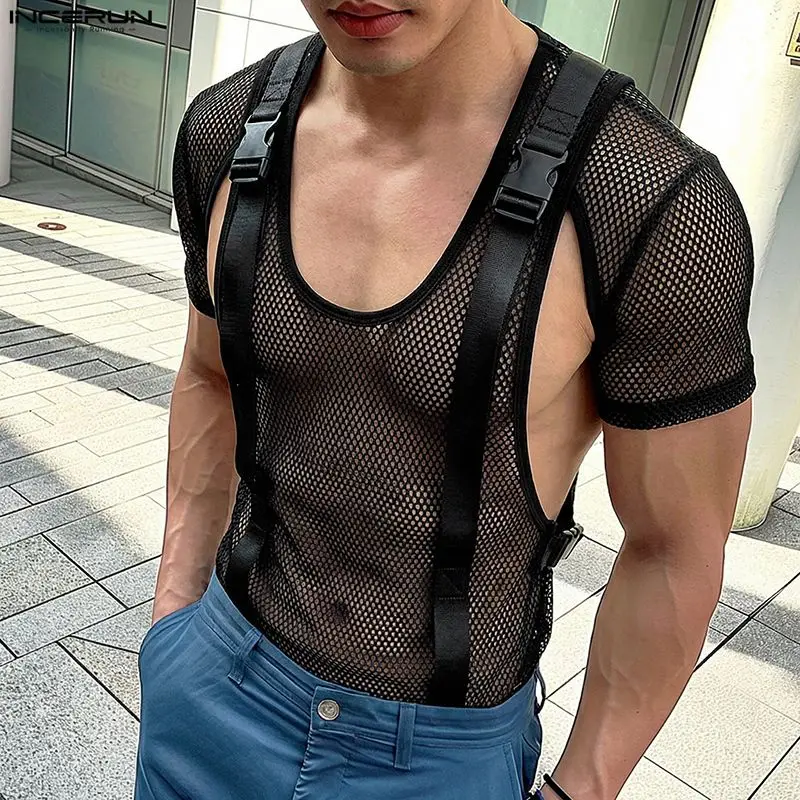 INCERUN Herren T-Shirts Mesh Patchwork O-Ausschnitt Kurzarm Männer Tee Tops Sommer Streetwear Durchsichtig Sexy Mode Herrenkleidung