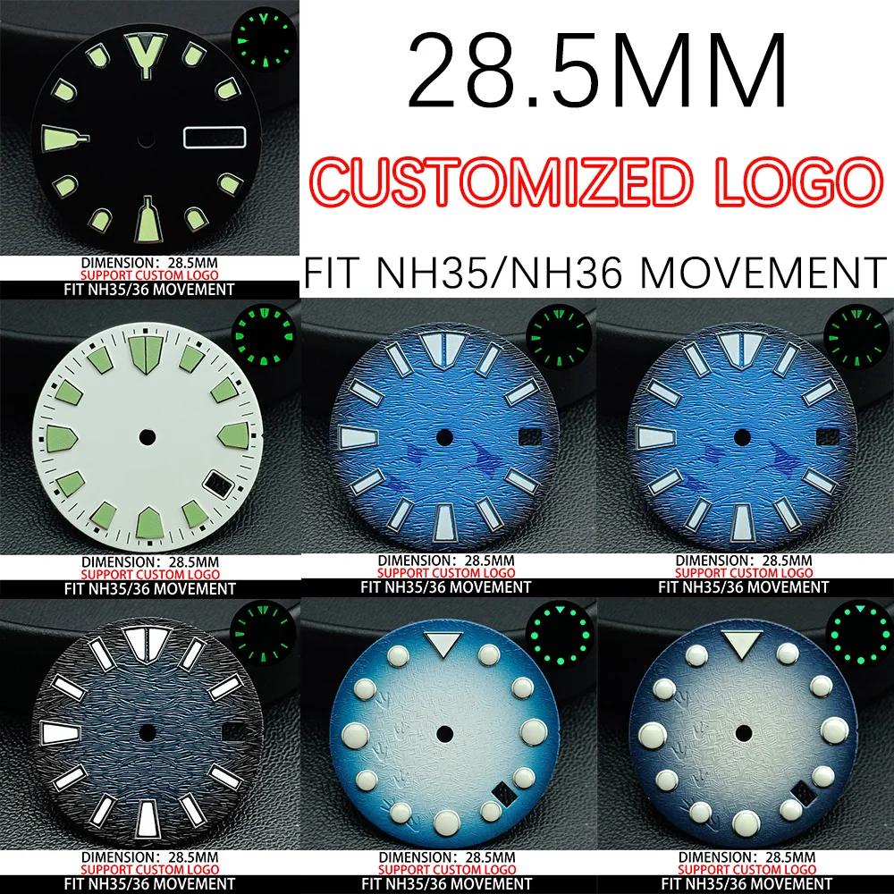 28.5MM Diameter Single Calendar Watch Dial Green Luminous Dial for NH35 Watch Movement Accessories Watch Parts For Wristwatches