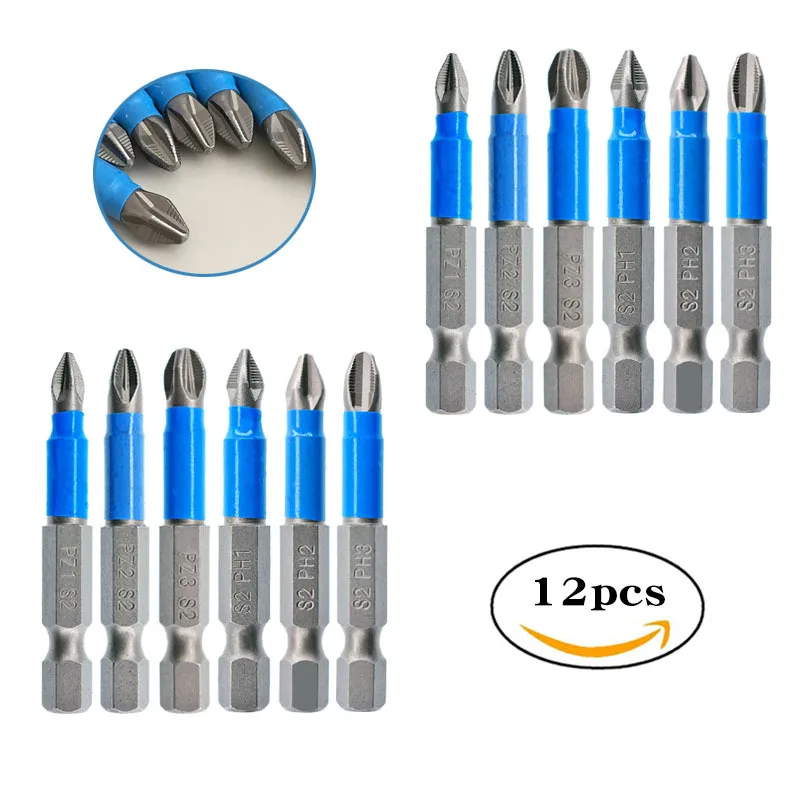 12PCs No-slip 50mm PH1/PH2/PH3 PZ1/PZ2/PZ3 Screwdriver Bit Sets for Drill Magnet S2 Alloy Steel Screwdriver Electric Impact