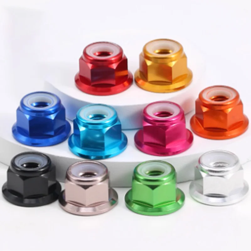 M2 m2.5 m3 m4 m5 m6 m8 liga de alumínio anodizado inserção de náilon auto porcas sextavadas porcas flangeadas céu azul/azul real/rosa 11 cores