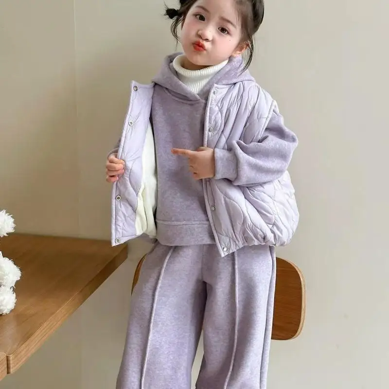 Girls Winter Clothes Fleece Lined 2026 Set Children New Fashion Autumn Winter Vest 3 Piece Set for Kids Outdoor Wear Clothing