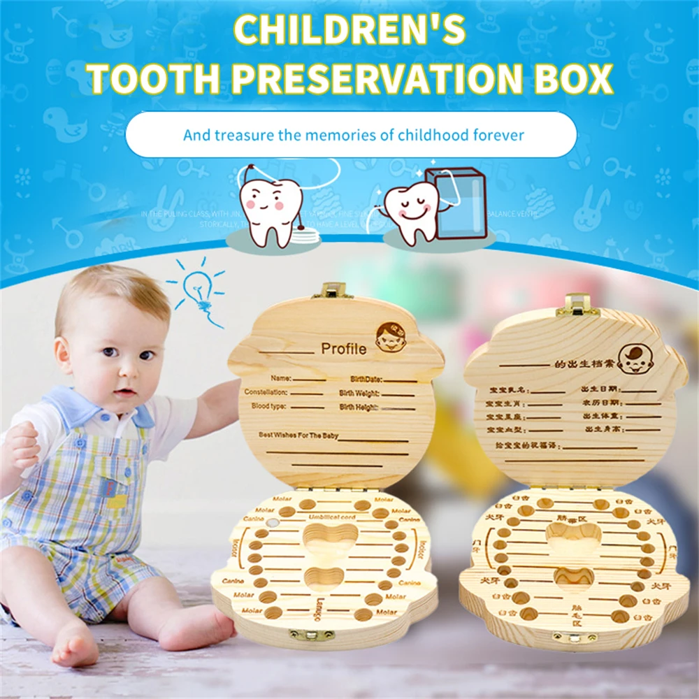 

Baby Tooth Box Spanish/Dutch/French/German Wooden Kids Milk Teeth Organizer Storage Boys Girls Baby Souvenirs Gifts Keepsakes