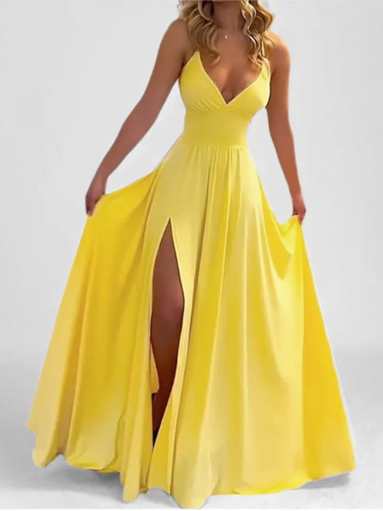 

Solid Color Suspender Sexy Slit Long Dress Spring Women's Clothing Ear Fungus Edge Sleeveless Off Shoulder V-neck Ball Dress