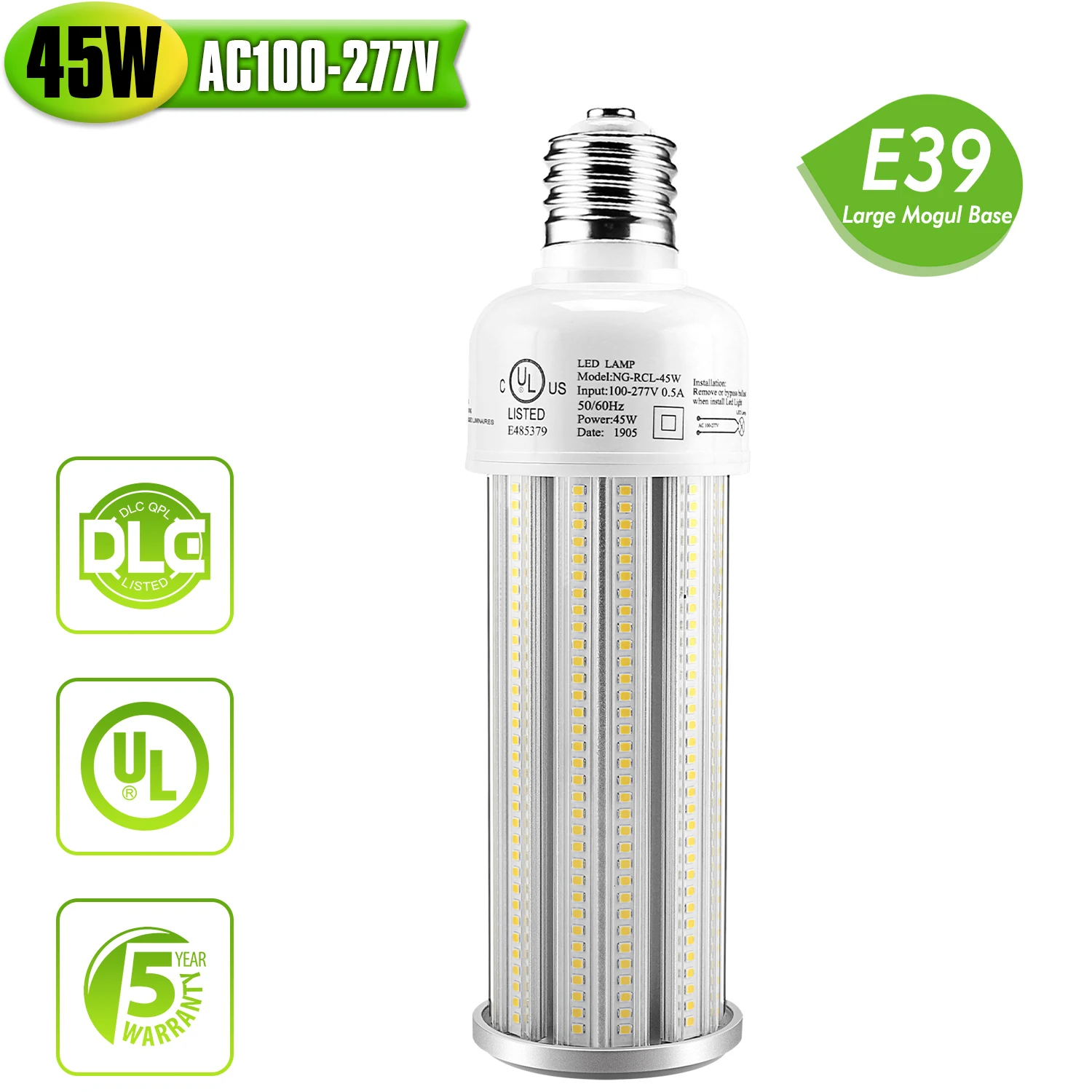 

45W LED Corn Cob Light Bulb 6300 Lumen E39 Mogul Base Replacement Metal Halide HID CFL for Warehouse Workshop