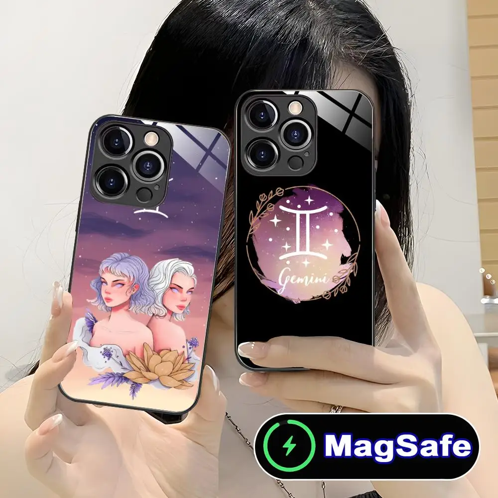 

Чехол для мобильного телефона Zodiac Sign Gemini для iPhone 17, 16, 15, 14, 13, 12, 11 Pro Max Plus Mini MagSafe, стеклянный цветной чехол, роскошный
