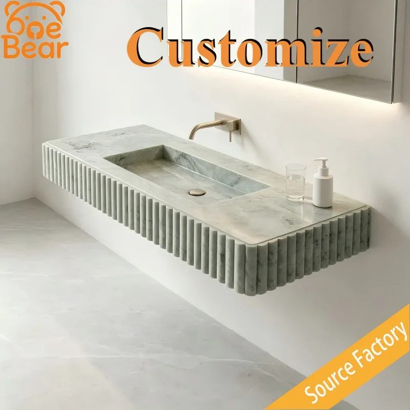 Stain Resistant Stone Look Wall Mounted Vanity Sink, Fluted Rectangular Floating Wash Basin For Easy Clean Home Bathroom Use