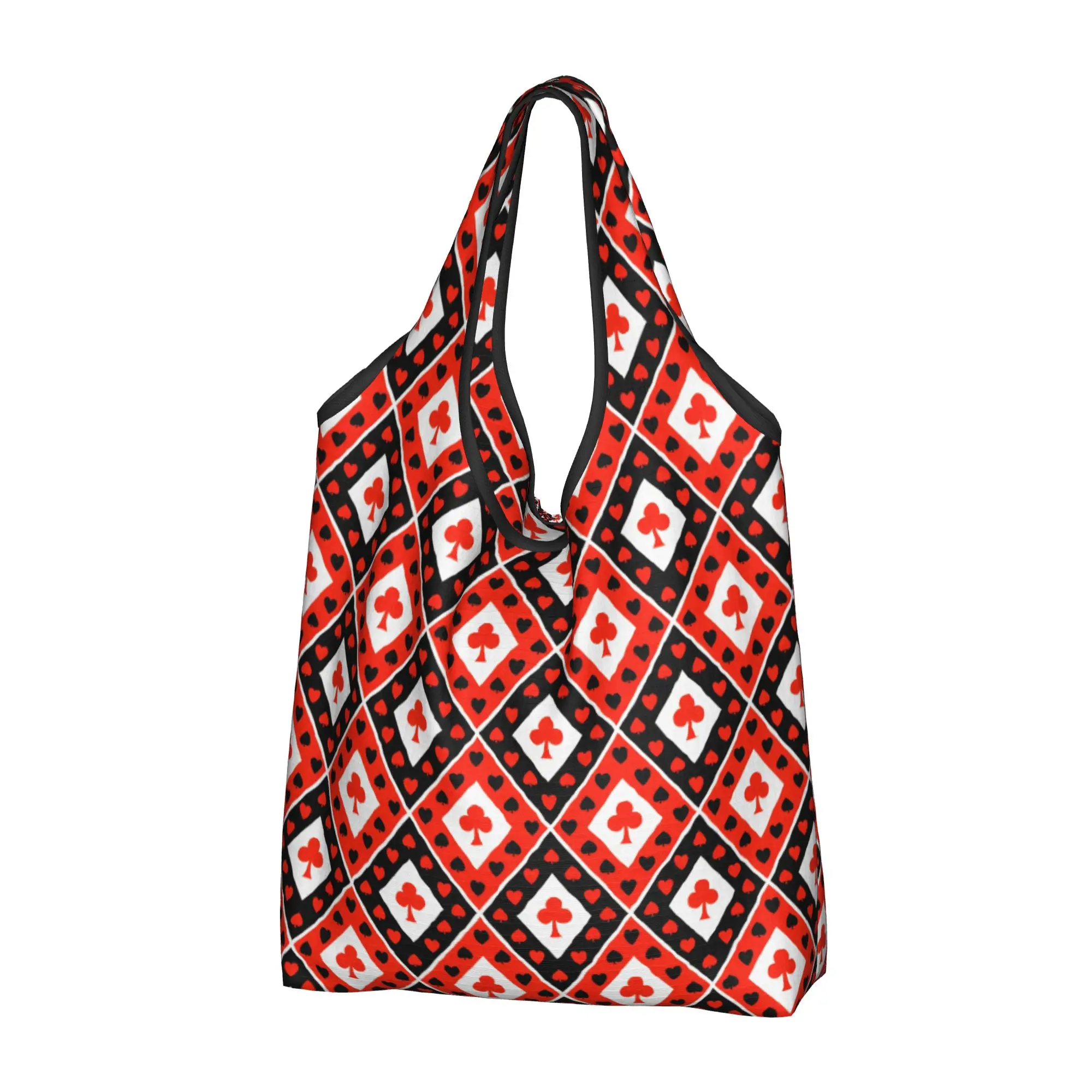 Fashion Printing Checkered Plaid Playing  Tote Shopping Bag Portable Shoulder Shopper Heart Spade Diamond Club Handbag