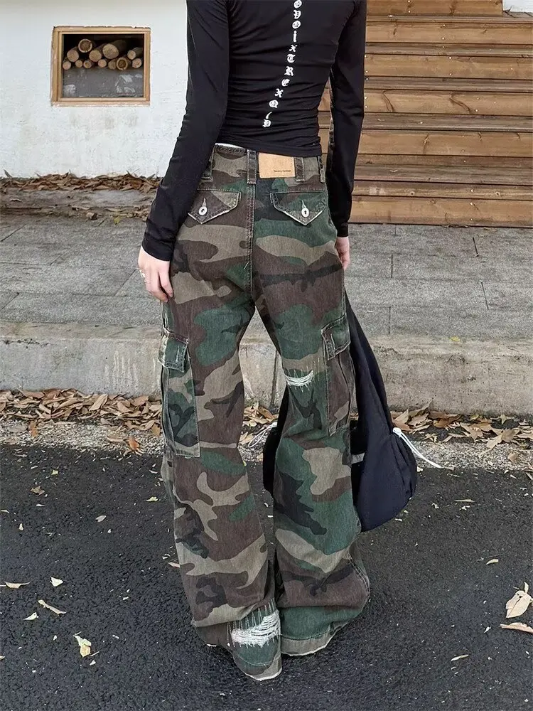 2026 Cyber Y2K Streetwear Camouflage Baggy Women's Cargo Ripped Jeans Pants For Woman Clothing Straight Summer Long Trousers