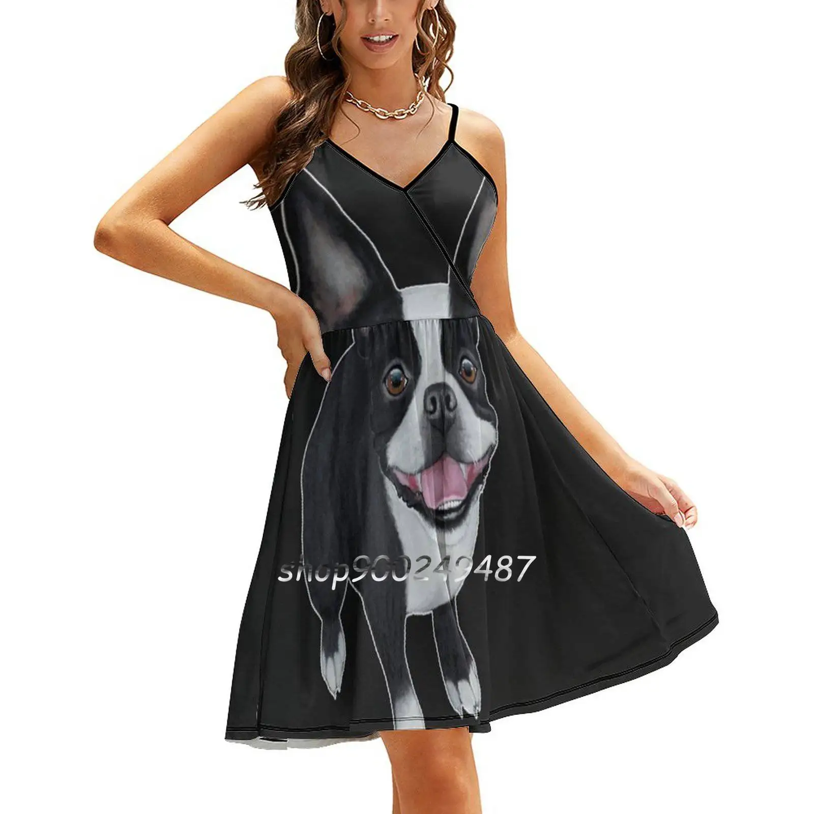 Boston Terrier Slim Dress With Hollow Waist Autumn Winter Sexy Multiple Styles Dresseses Canine Dog The Gentleman Toy Dogs