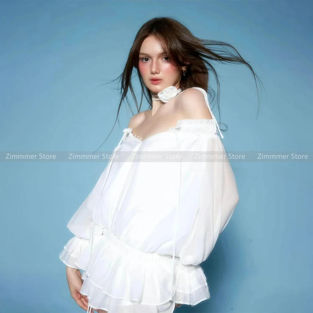 Vietnam niche one-shoulder drawstring waist flower temperament sexy puffy dress shorts set
