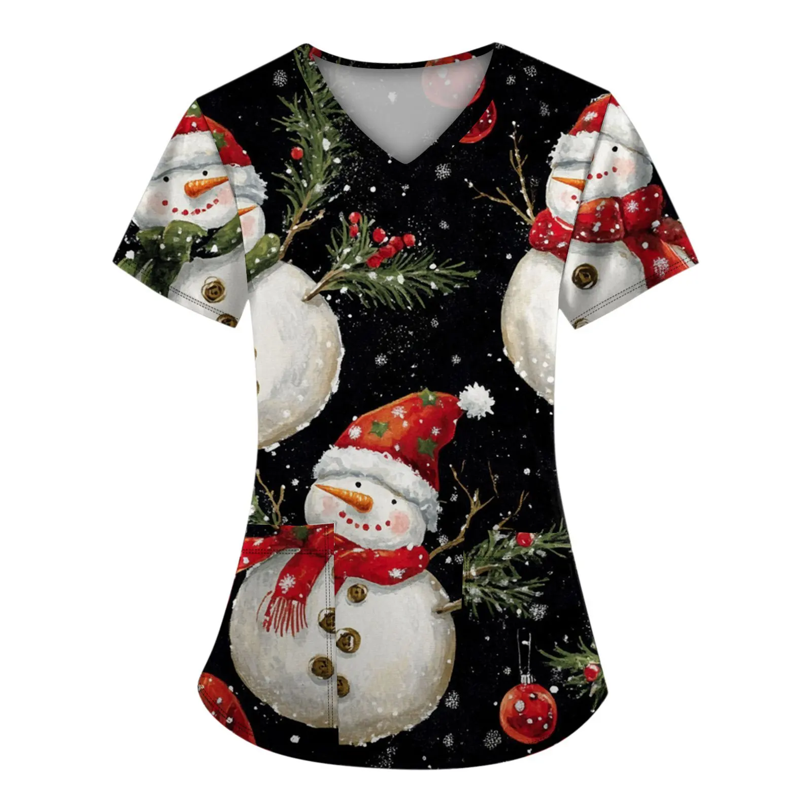 女性用プリント衣類,伸縮性生地,Vネック,半袖,ポケット,ミニマリストトップ,通気性,クリスマスウェア,2018