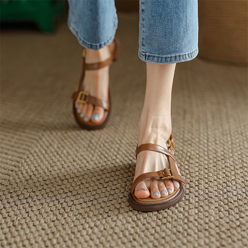 Meotina Women Genuine Leather Sandals Round Toe Flats Concise Brand Design Ladies Fashion Casual Shoes Summer Beige Khaki 40