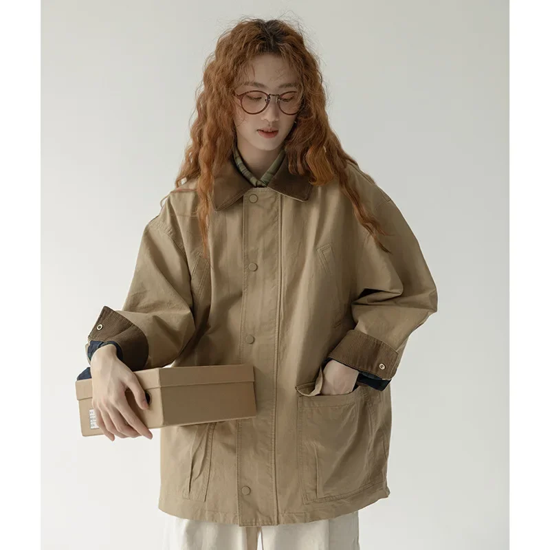 

New Fashion Loose Cargo Coat Long Sleeves Khaki Colorant Match Polo Neck Female Senior Vintage Mid-length Tops Spring Autumn