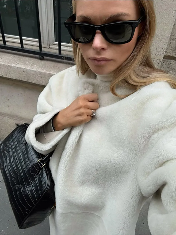 Women Elegant Lace Up Faux Fur Long Jacket Plush High Neck Full Sleeve Loose Warm Long Coats Lady Winter Commute Street Outwear