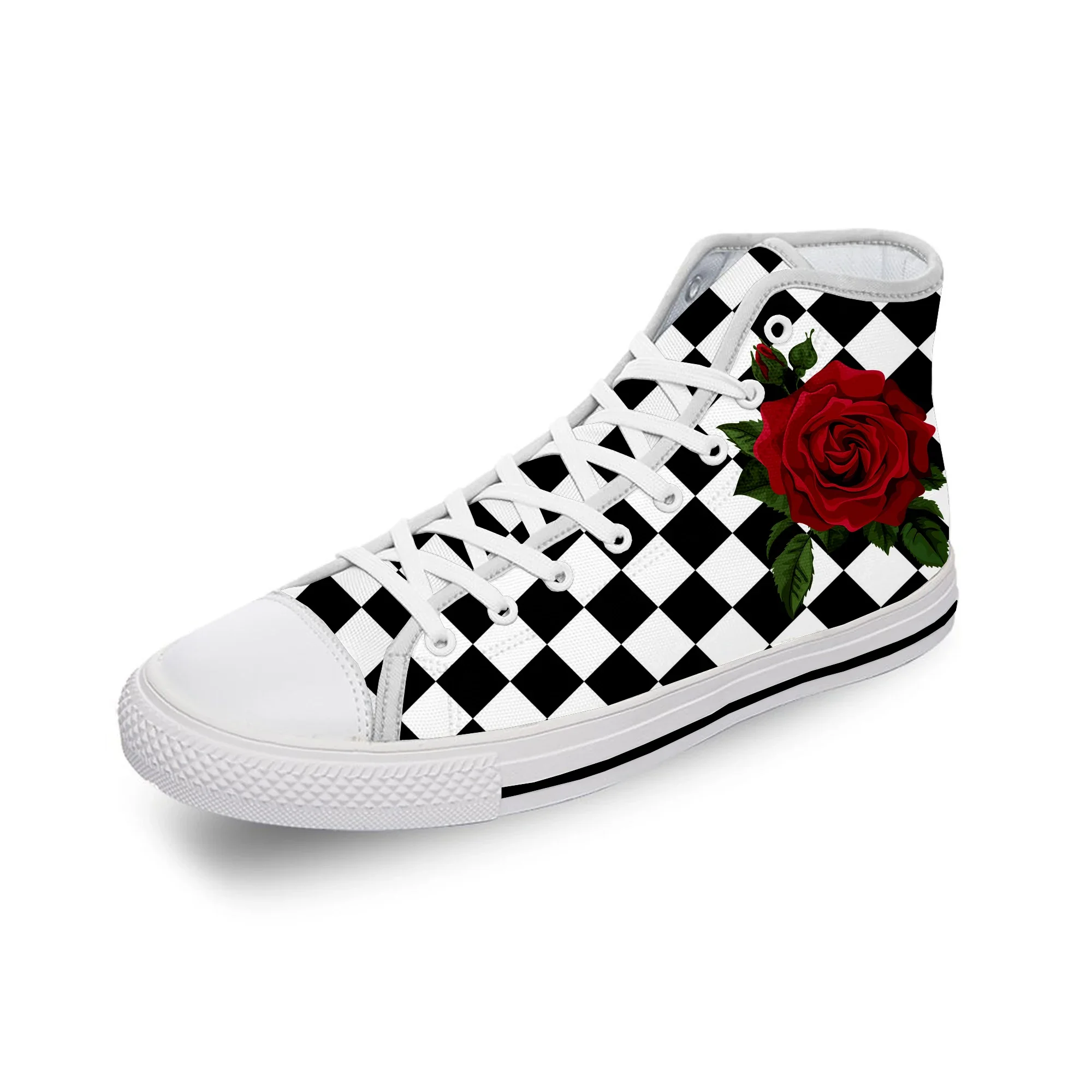 Black And White Squares Rose Flower White Cloth Fashion 3D Print High Top Canvas Shoes Men Women Lightweight Breathable Sneakers