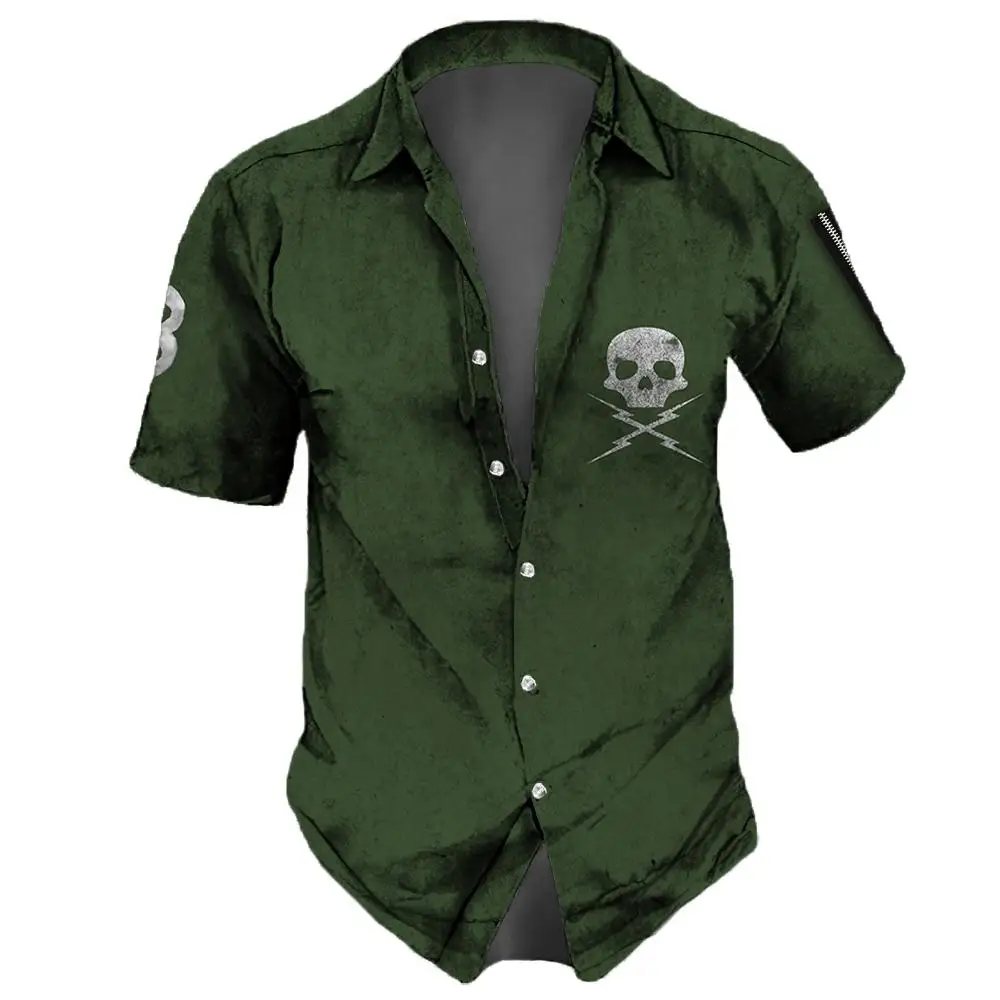 Vintage Men\'s Shirt Hip Hop Skull Print Short Sleeve Oversized Top Tees Old Casual Hawaiian Men Clothing Lapel Shirt Streetwear