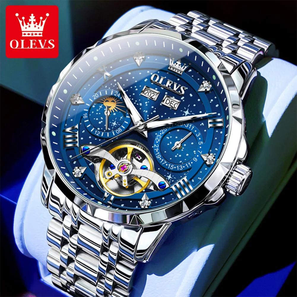 OLEVS 6690 Automatic Watches for Men Starry Sky Tourbillon Design Moon Phase Date Stainless Steel Luminous Waterproof Wristwatch