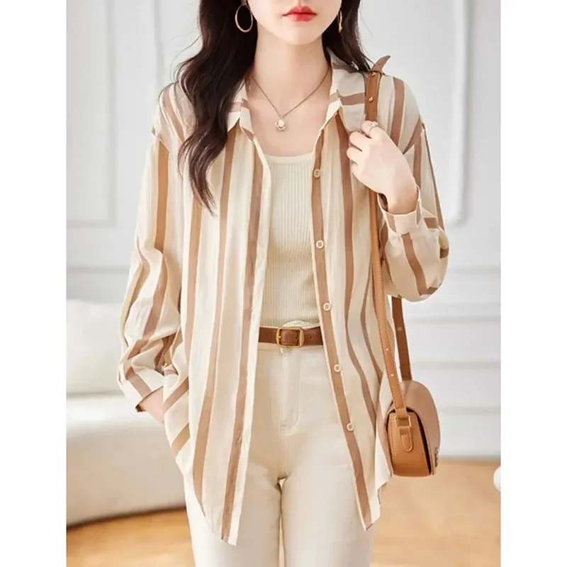 Primavera outono femme novas mangas compridas topos de alta qualidade senhoras moda listra cardigan blusa coreano feminino médio longo estilos camisa