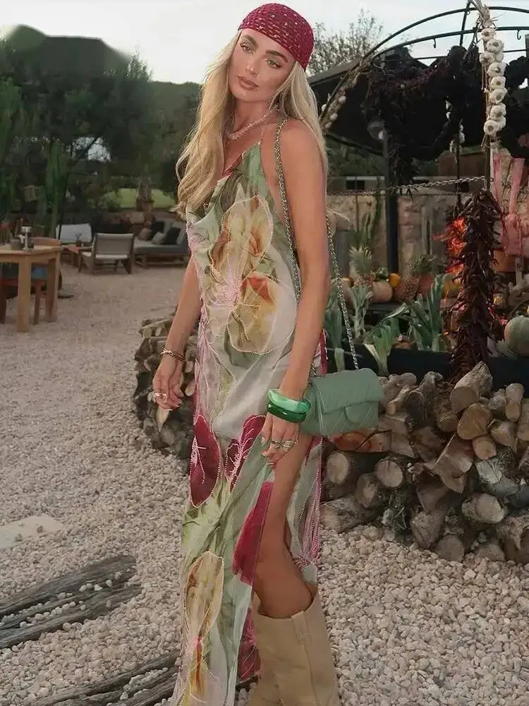 Herbst Ankle-Länge Sexy High Street Kleid Mädchen Druck Schlank Spaltung Backless Mode Robe Mode Sexy Frauen Kleider M7SM